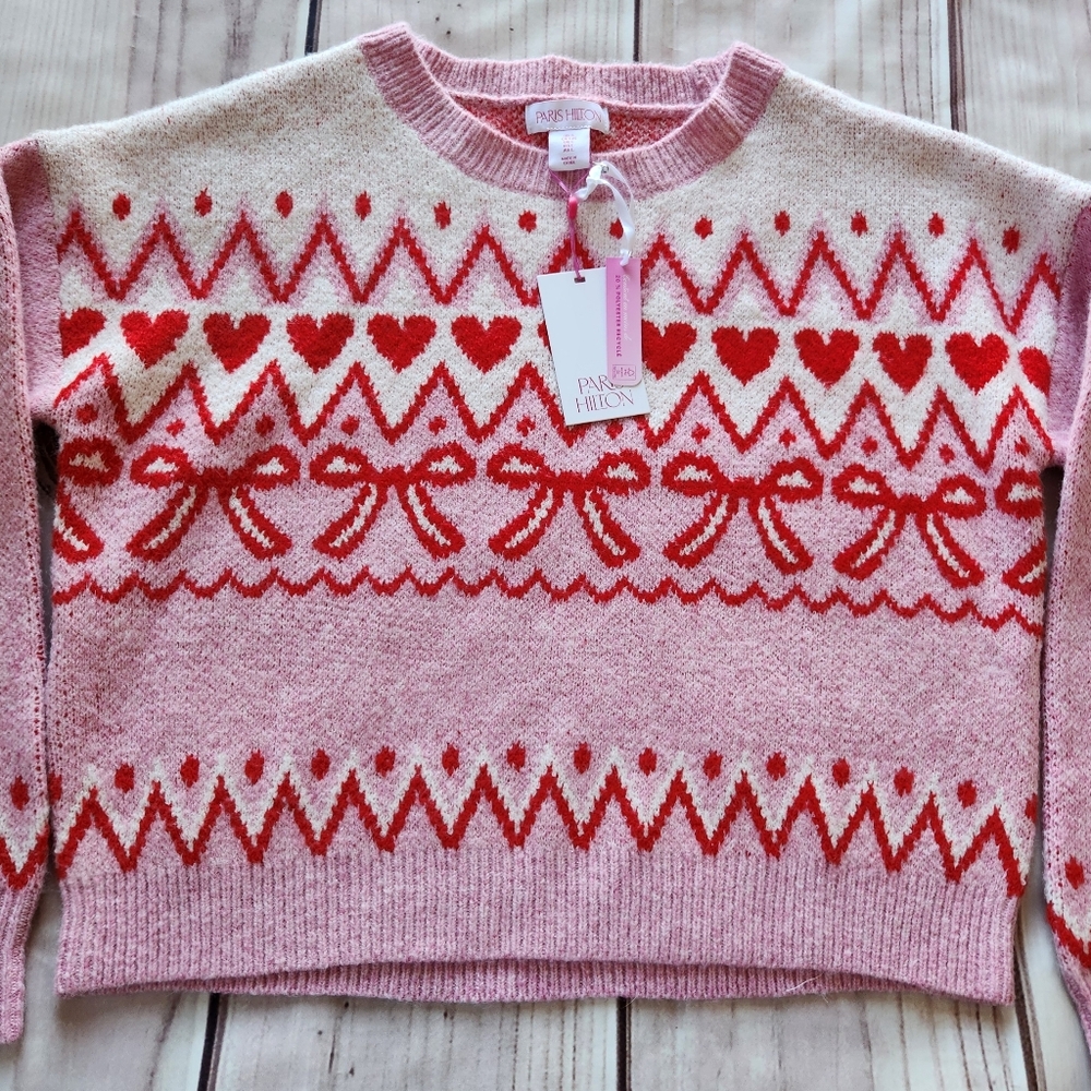 NWT Paris Hilton Pullover Crewneck Sweater Pink Hearts Bows | Women's Size L - Picture 5 of 9